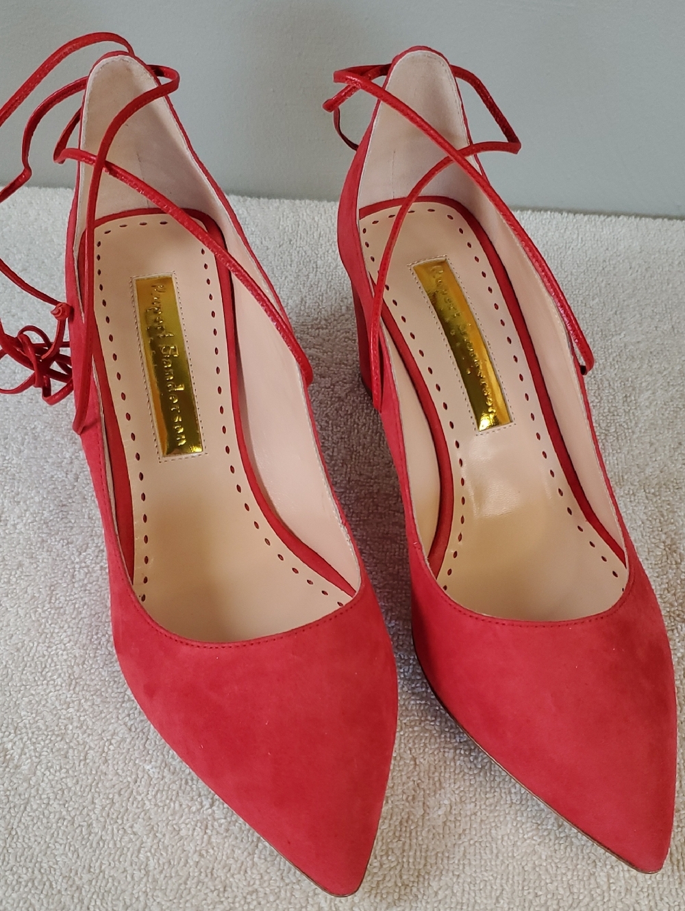 New Rupert Sanderson Poet Red Suede Pointed-Toe Lace-Up Heels. 9
